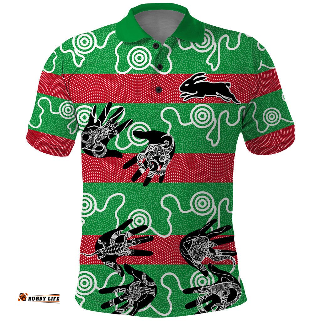 Rabbitohs Rugby Premiers Polo Shirt Go The Bunnies Aboriginal Dots - Tee Aussie