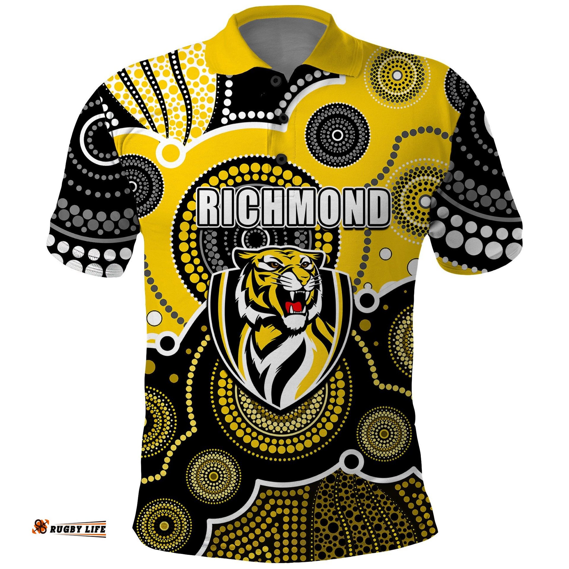 Custom Personalised And Number Yellow AFL Polo Shirt Aboriginal Patterns Amazing Aussie
