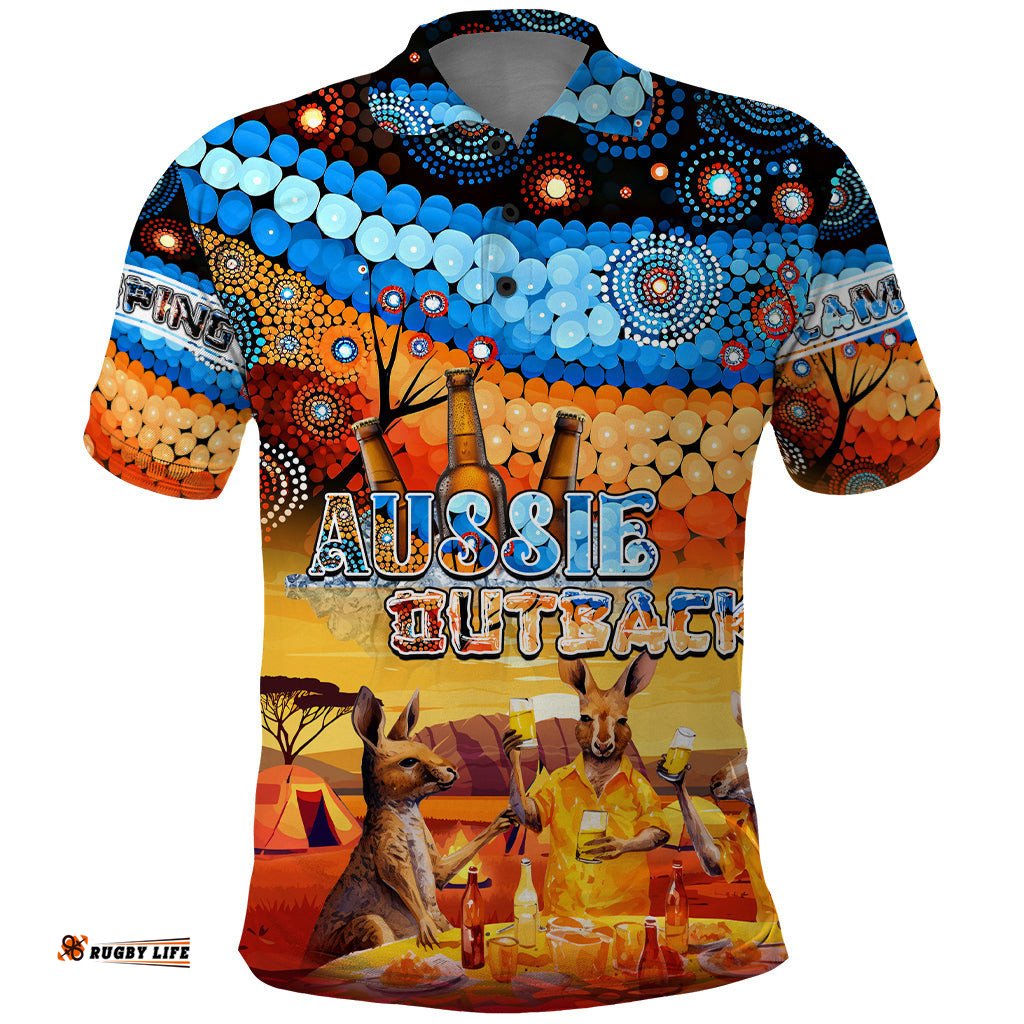 Australia Kangaroo Aboriginal Camping Polo Shirt Aussie Outback Camping with Beer
