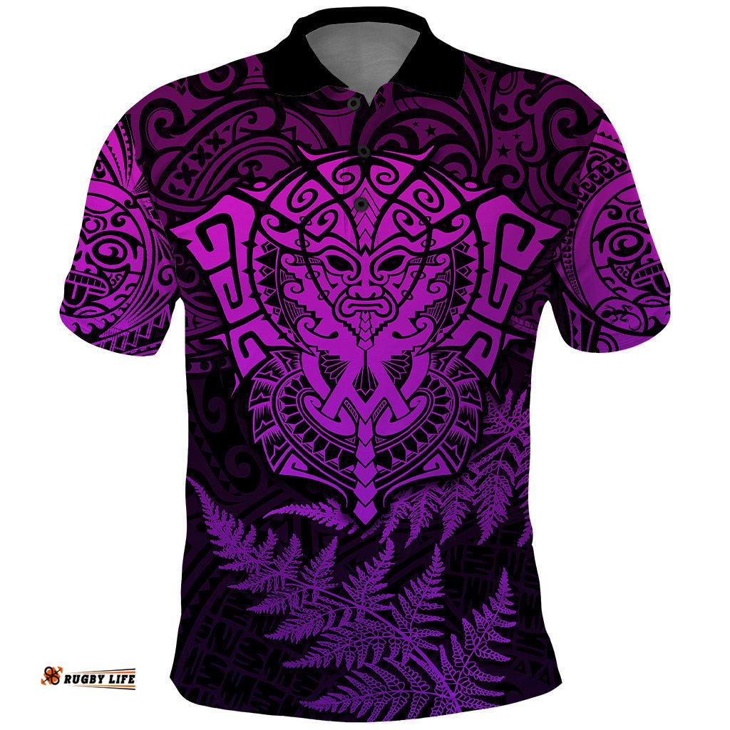 New Zealand Rugby Polo Shirt Silver Fern All Black Mix Ta Moko Purple Style - Tee Aussie