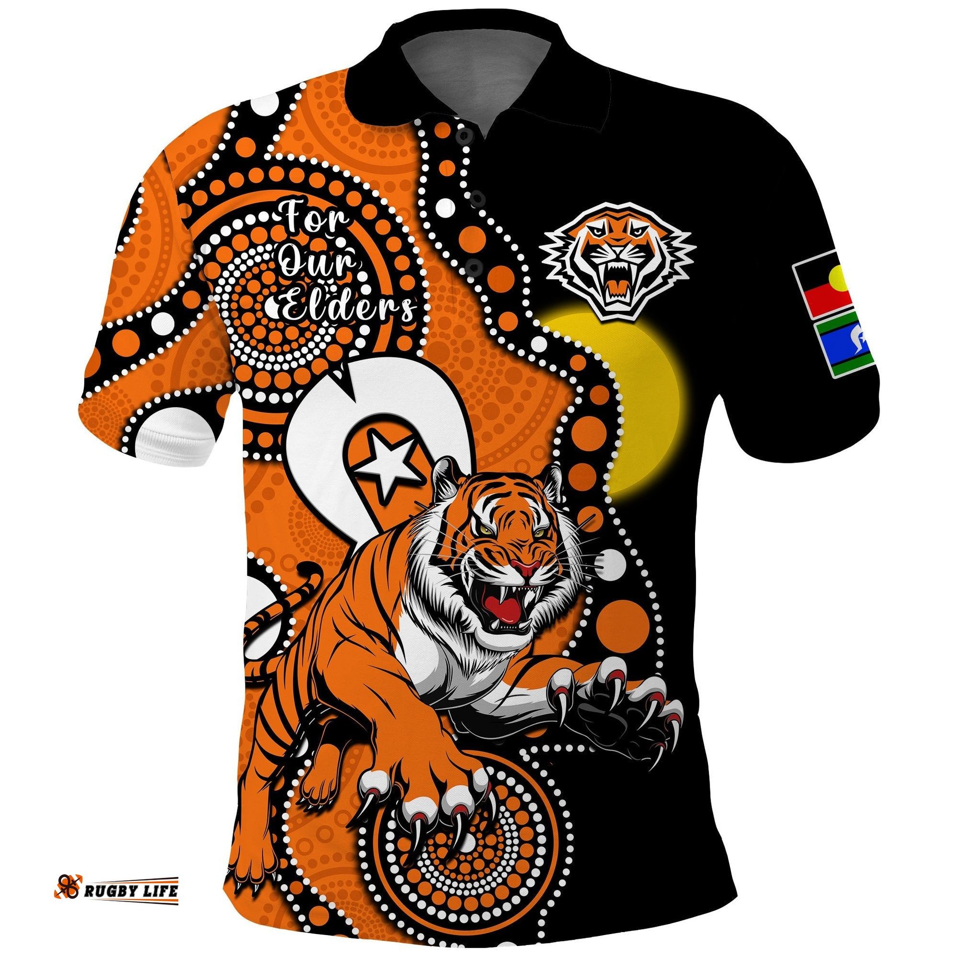 Wests Tigers Rugby NAIDOC 2023 Polo Shirt For Our Elders Indigenous Art Amazing Aussie