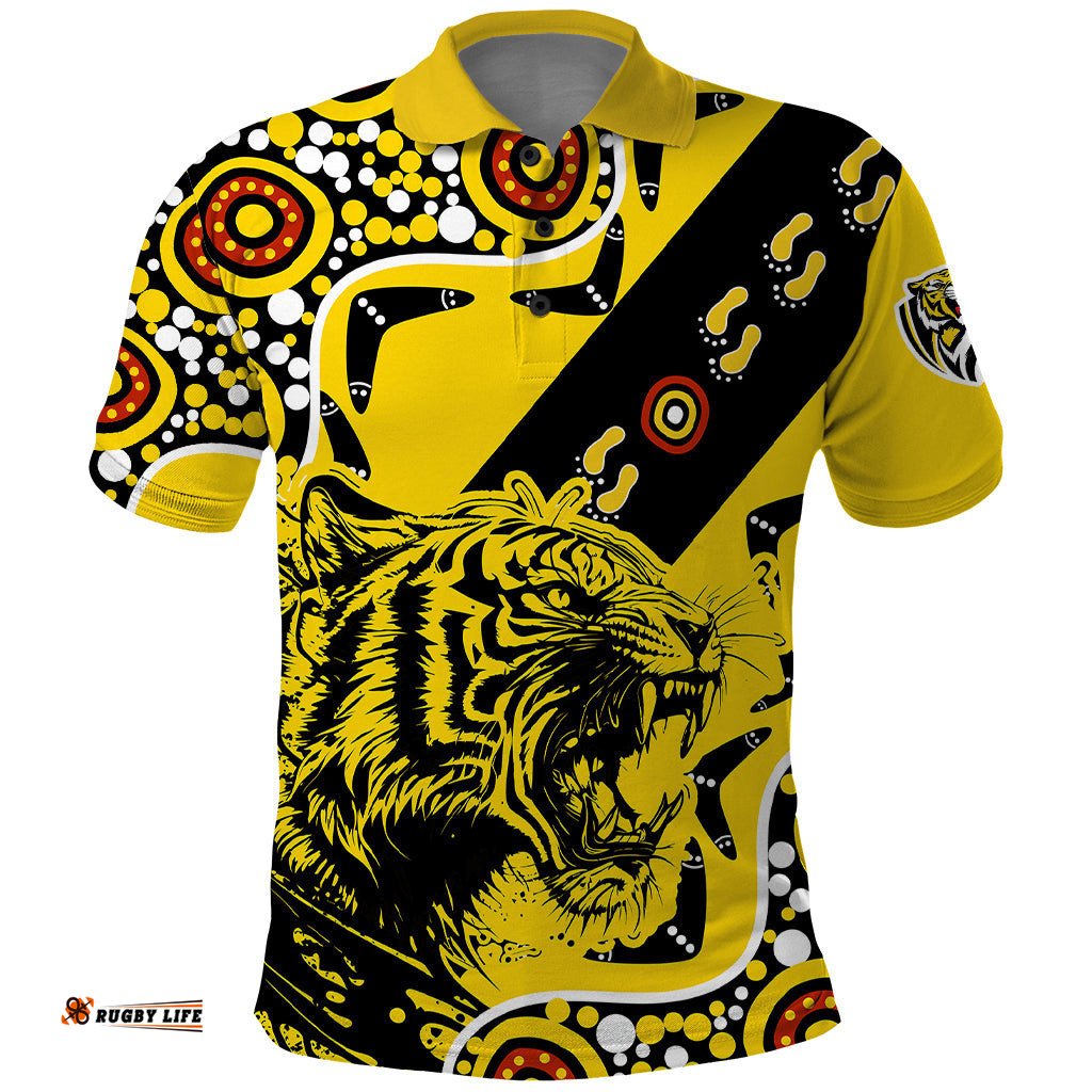 Richmond Tigers Football Polo Shirt Angry Tiger Roaring Aboriginal Boomerang and Dots Art - Tee Aussie