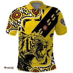 Richmond Tigers Football Polo Shirt Angry Tiger Roaring Aboriginal Boomerang and Dots Art - Tee Aussie