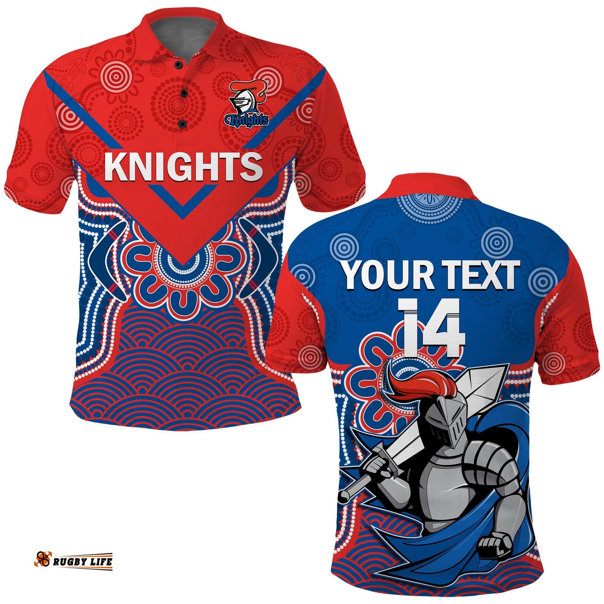 Custom Text And Number Knights Rugby Polo Shirt Novocastrians 1987 Aboriginal Art Amazing Aussie