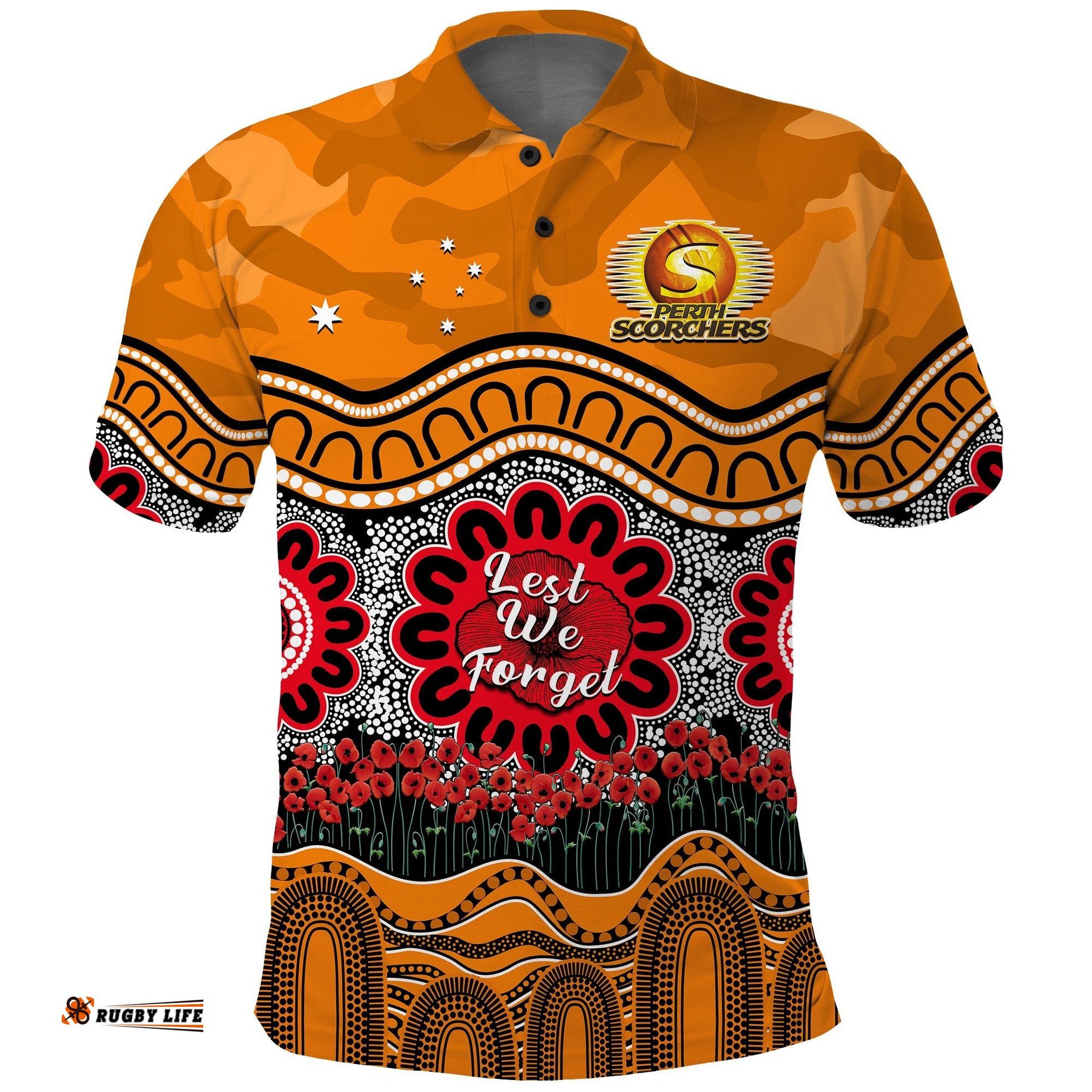 Custom Text And Number Perth Scorchers Cricket ANZAC Polo Shirt Poppy Aboriginal Camouflage Tee Aussie
