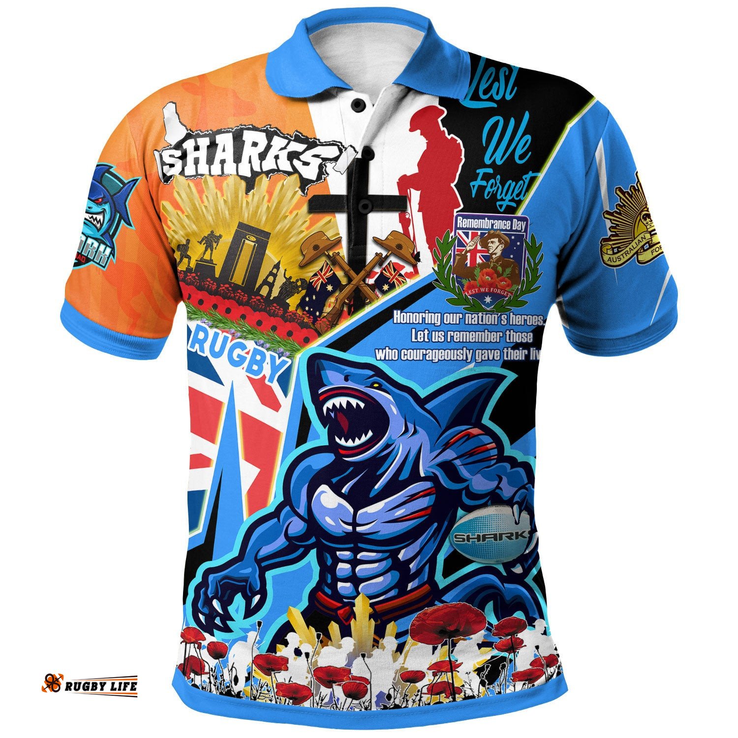 Sharks Rugby Polo Shirt - Custom Remembrance Sharks Anzac Quote With Poppy And Rosemary Polo Shirt Amazing Aussie