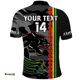 Custom Text And Number Panthers Rugby ANZAC Polo Shirt Aboriginal Mix Poppy Camouflage Black Tee Aussie
