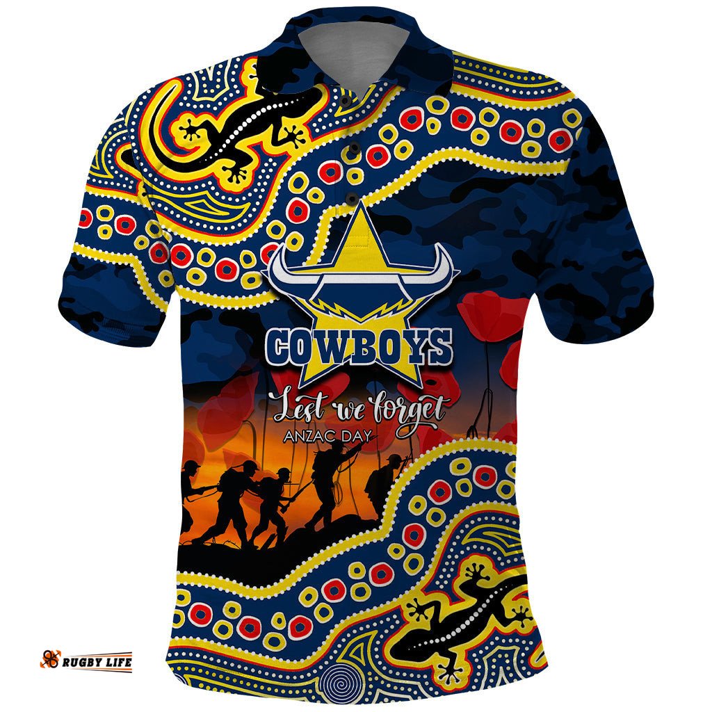 Custom Personalised Anzac Day NRL - Cowboys Polo Shirt Aboriginal Lizard Patterns
