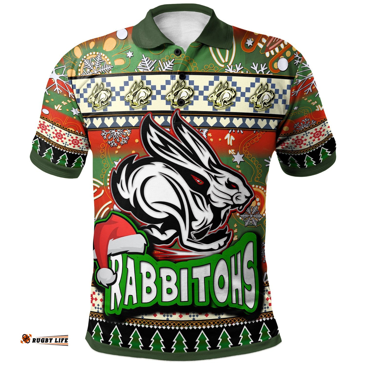 Rabbitohs Rugby Christmas Polo Shirt - Custom Xmas Rabbitohs Christmas Balls, Snowflake With Aboriginal Patterns Polo Shirt Tee Aussie
