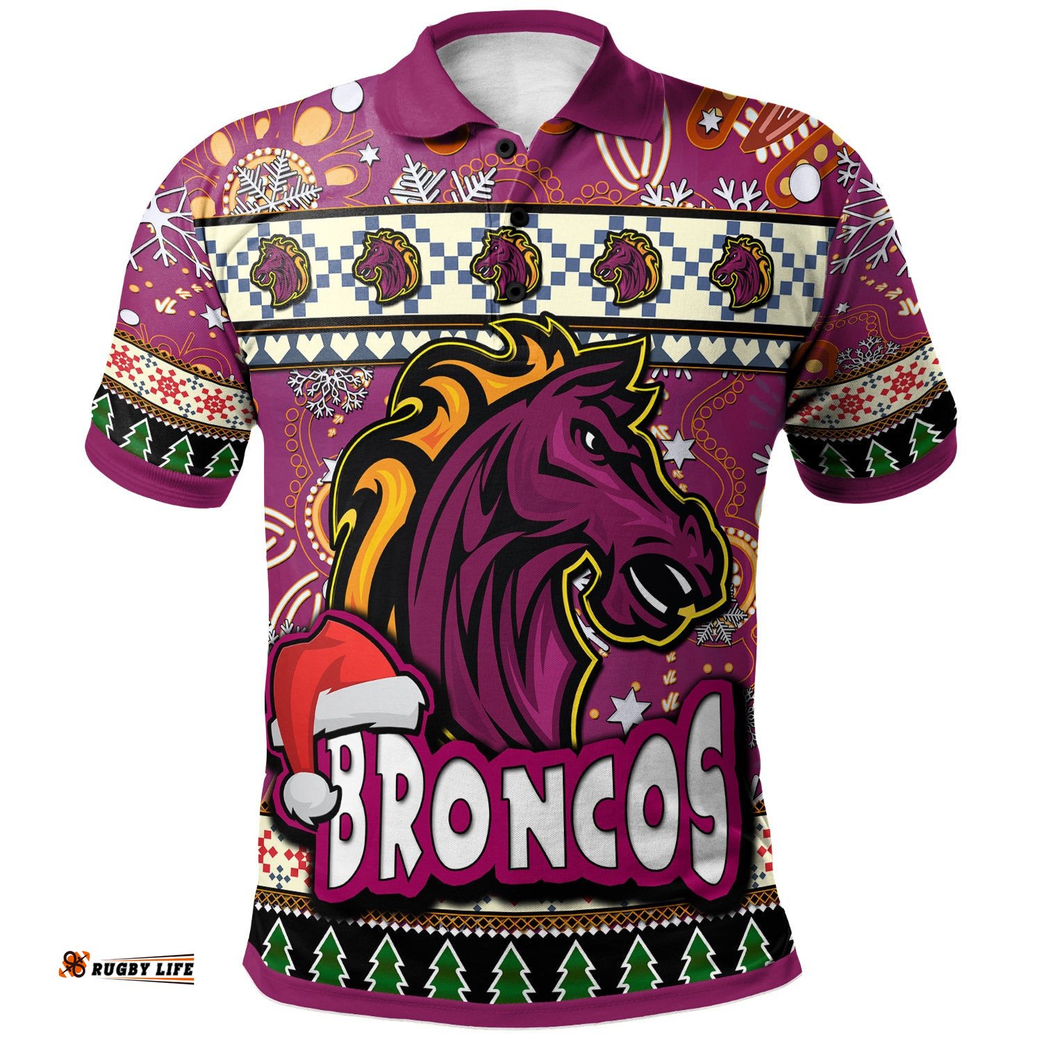 Broncos Rugby Christmas Polo Shirt - Custom Xmas Broncos Christmas Balls, Snowflake With Aboriginal Patterns Polo Shirt Tee Aussie