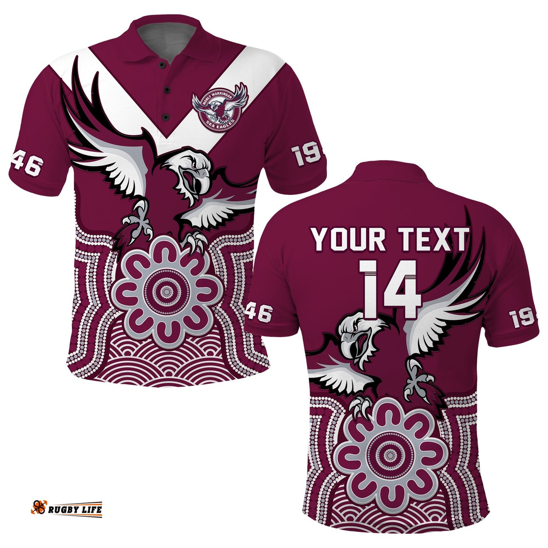 Custom Text And Number Sea Eagles Rugby Polo Shirt Manly Warringah Indigenous Art Amazing Aussie