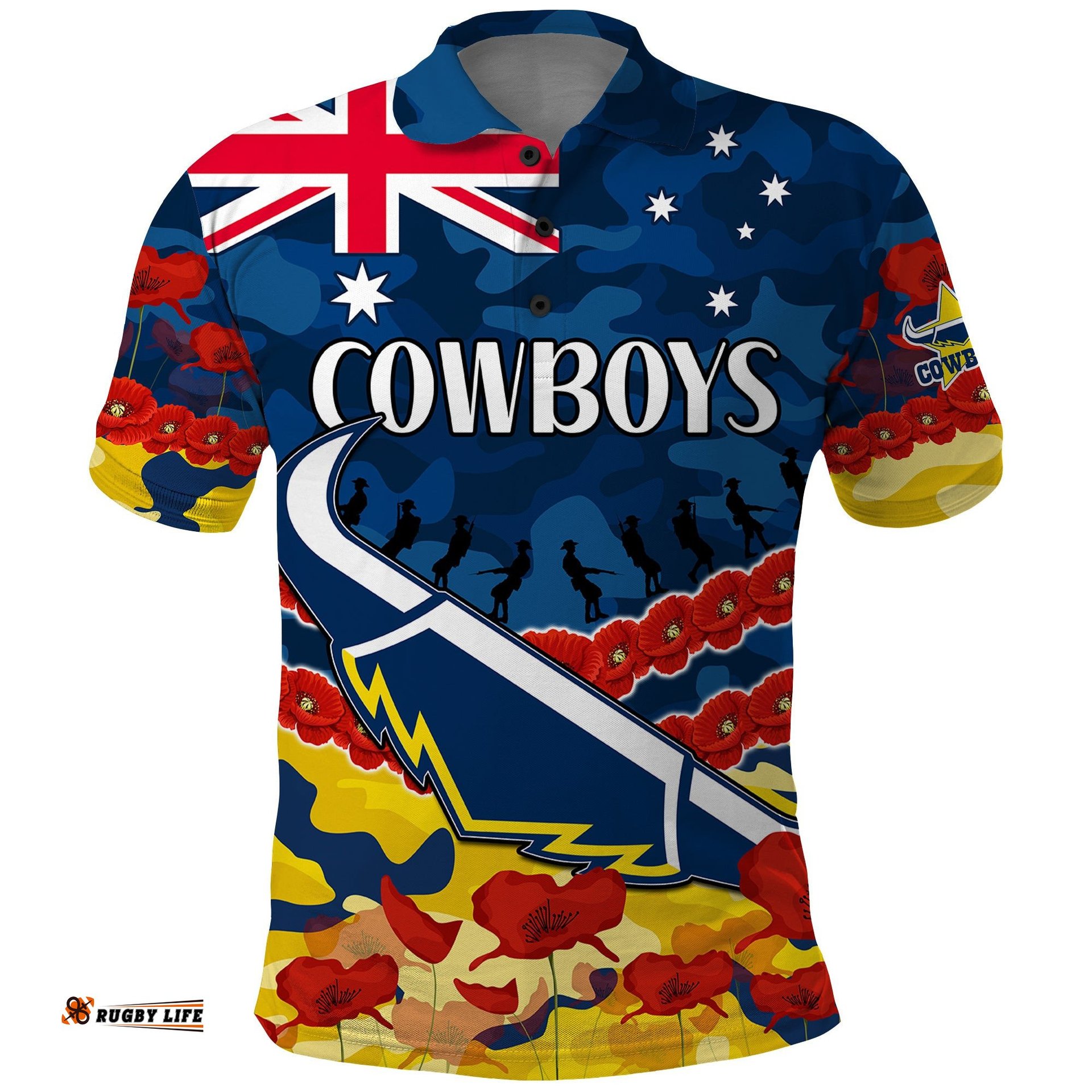 Custom Text And Number Cowboys Rugby ANZAC Polo Shirt Lest We Forget