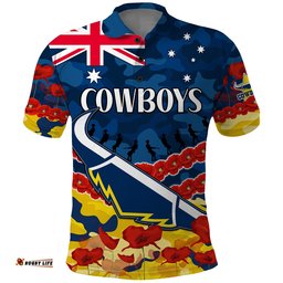 Custom Text And Number Cowboys Rugby ANZAC Polo Shirt Lest We Forget