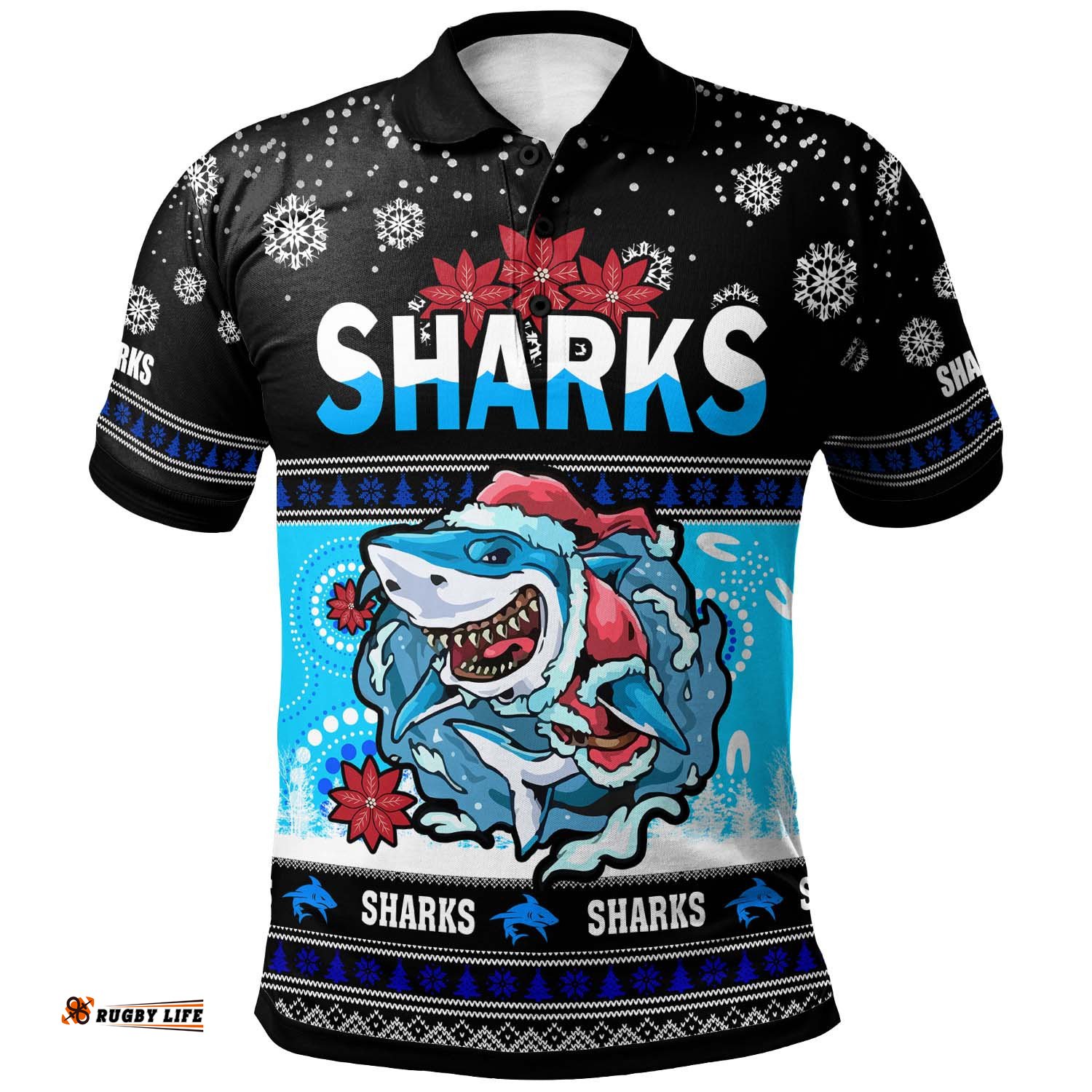 Sharks Rugby Christmas Polo Shirt - Custom Sharks Ugly Christmas And Aboriginal Patterns Polo Shirt Tee Aussie