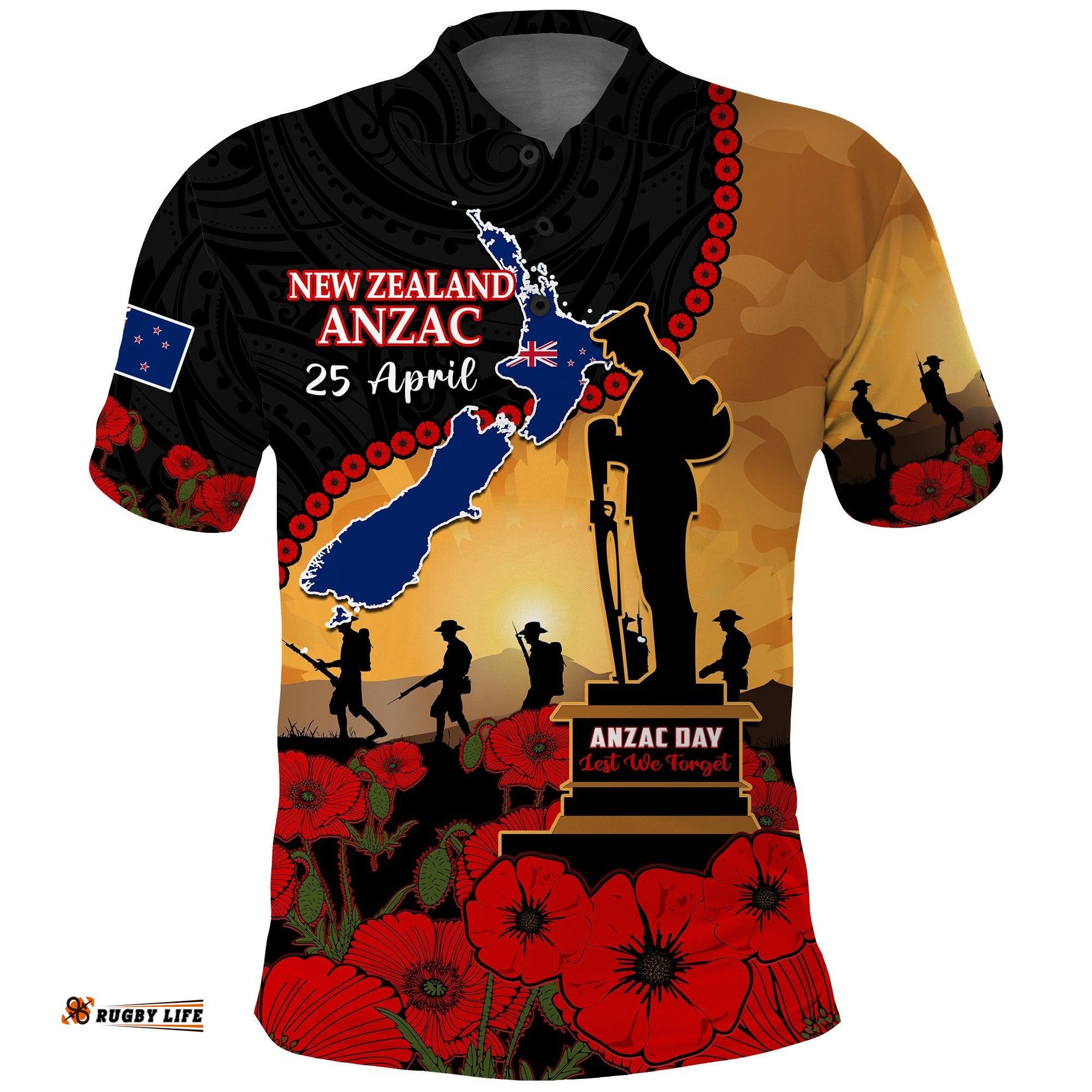 New Zealand Anzac Polo Shirt Maori Camouflage Mix Poppies We Will Remember Them Tee Aussie