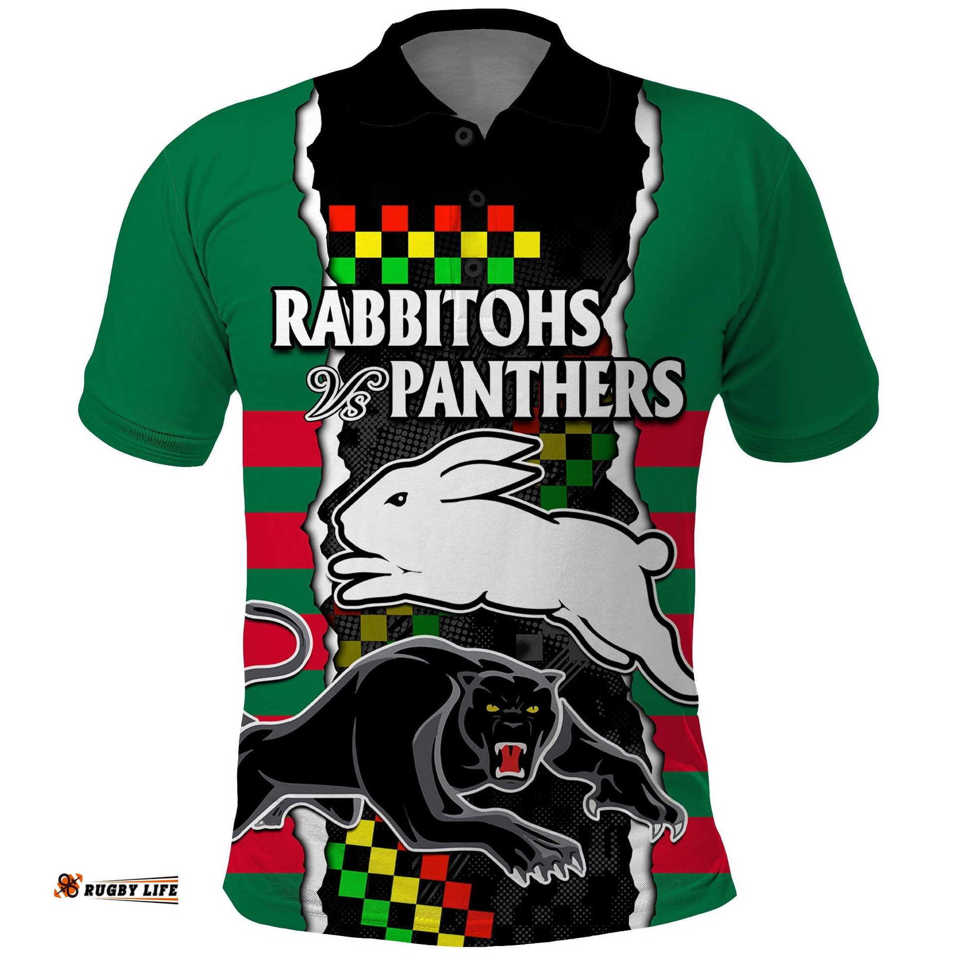 Custom Text And Number NRL Combine Rabbitohs and Panthers Polo Shirt Amazing Aussie
