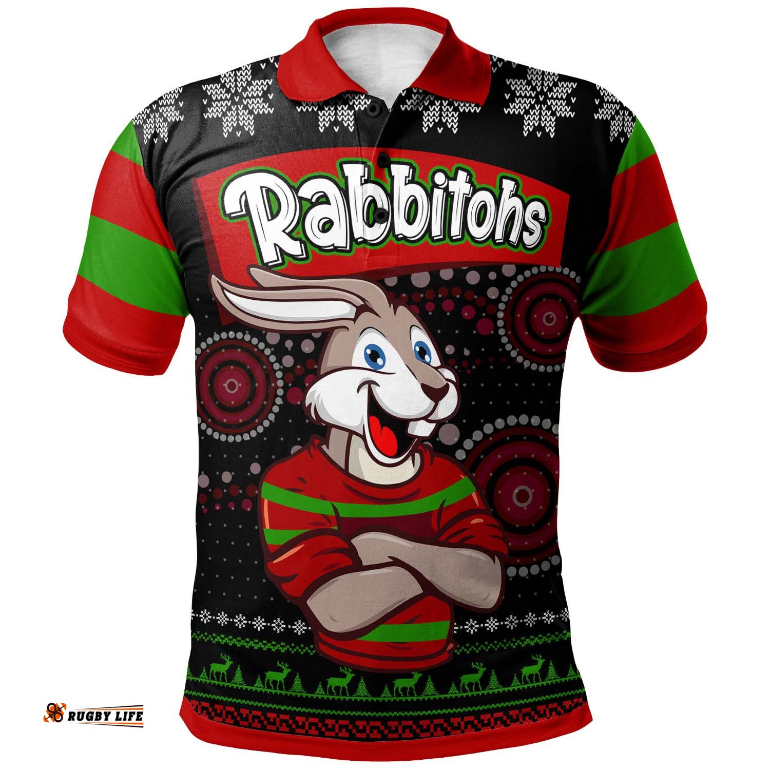Rabbitohs Rugby Christmas Polo Shirt - Custom Rabbitohs Ugly Christmas Knitted Polo Shirt Tee Aussie