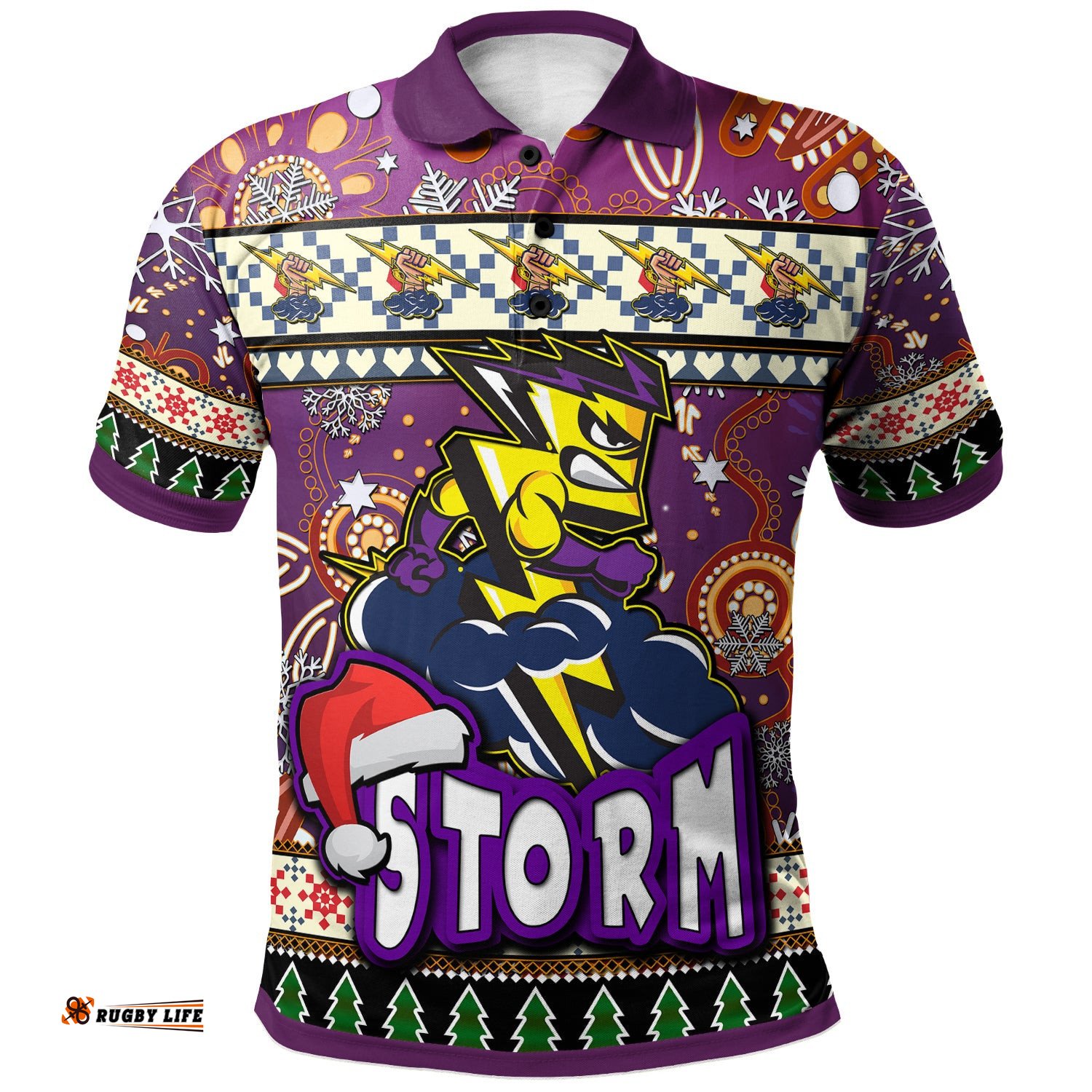 Storm Rugby Christmas Polo Shirt - Custom Xmas Storm Christmas Balls, Snowflake With Aboriginal Patterns Polo Shirt Tee Aussie