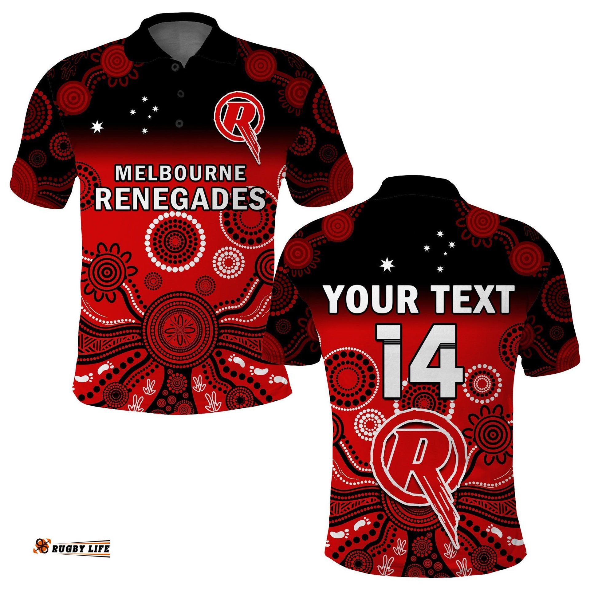 Custom Text And Number Renegades Cricket Polo Shirt Melbourne Gradient Aboriginal Art Amazing Aussie