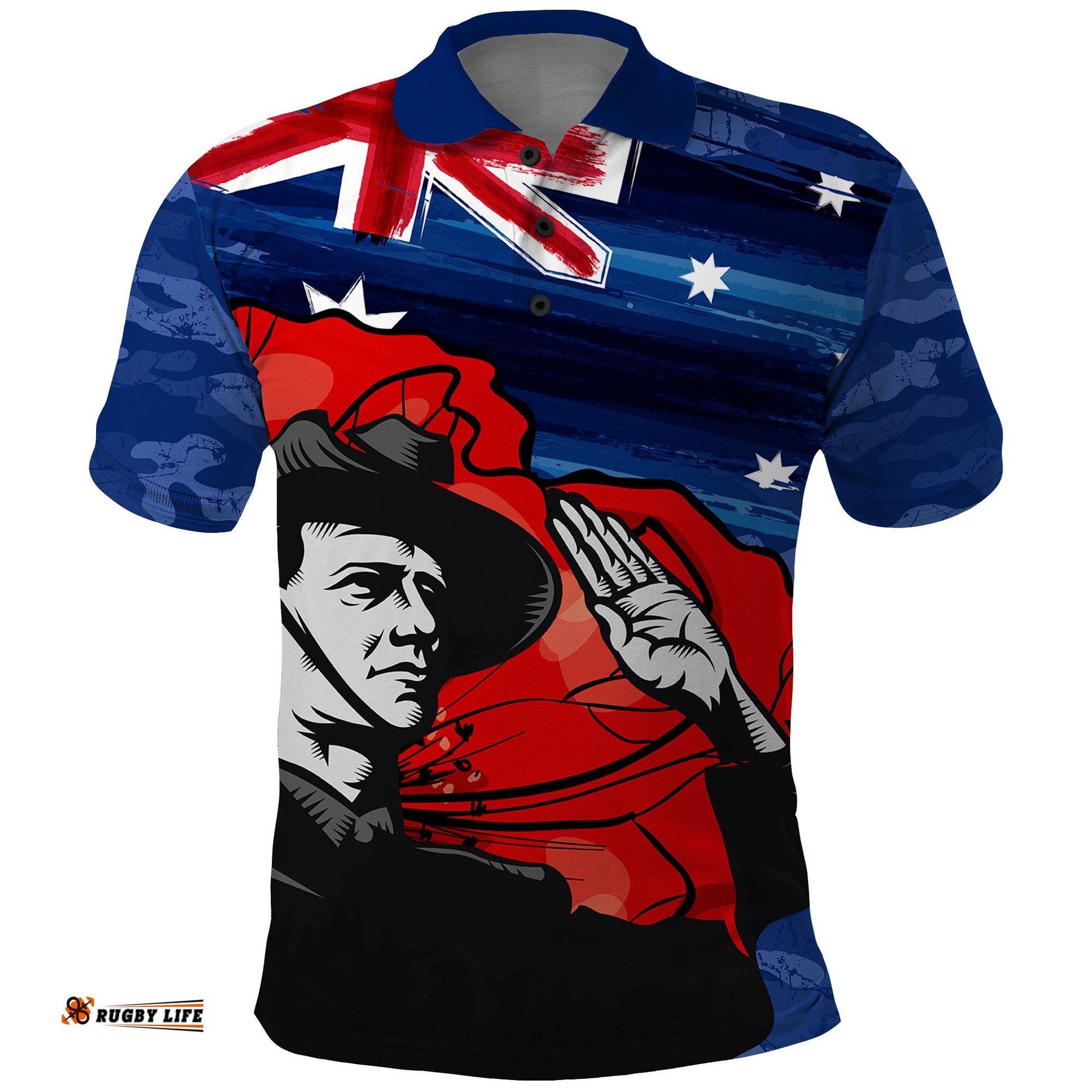 ANZAC DAY Polo Shirt Camo Style - Soldier With Flag Amazing Aussie