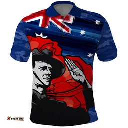 ANZAC DAY Polo Shirt Camo Style - Soldier With Flag Amazing Aussie