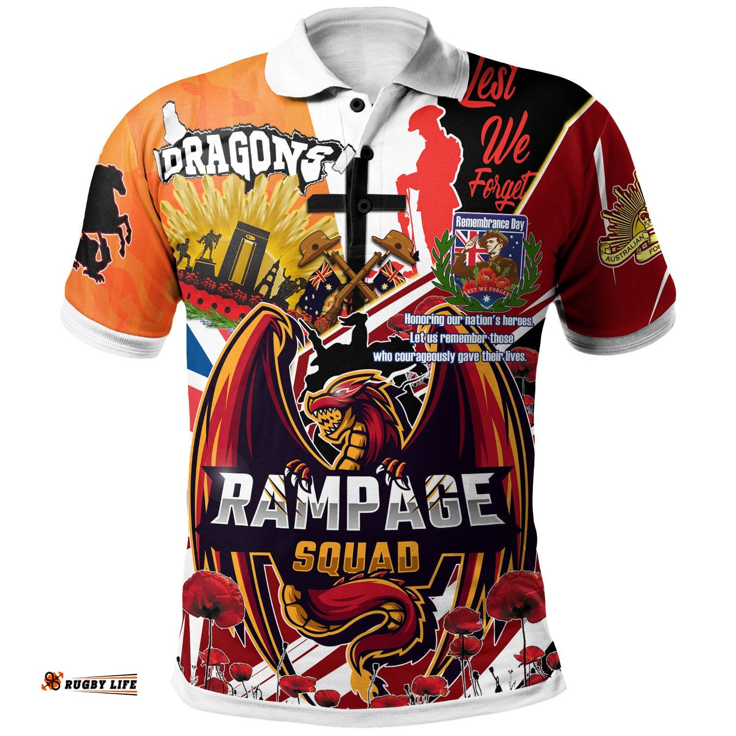 St. George Rugby Polo Shirt - Custom Remembrance Dragons Anzac Quote With Poppy And Rosemary Polo Shirt Amazing Aussie