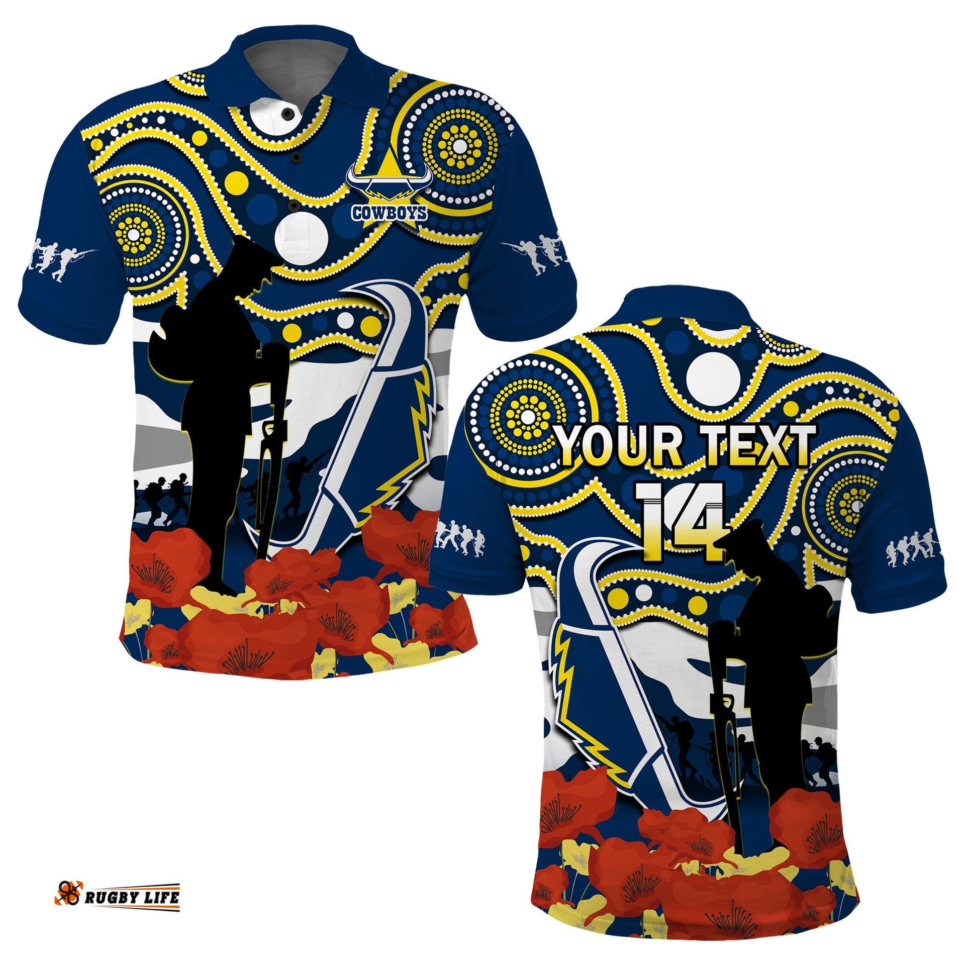 Custom Text And Number Cowboys Rugby ANZAC 2023 Polo Shirt Australian Army Aboriginal Lest We Forget Amazing Aussie