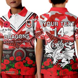 Custom Text And Number Dragons Rugby ANZAC 2023 Polo Shirt Aboriginal Mix Poppy Lest We Forget Amazing Aussie