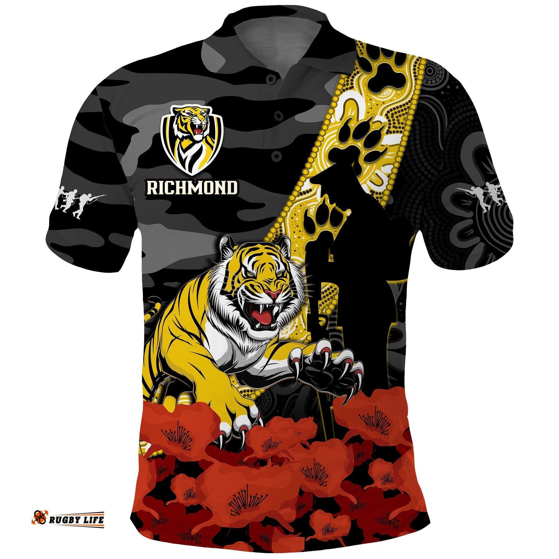 Richmond Football ANZAC 2023 Polo Shirt Tigers Aboriginal Mix Poppy Camouflage Amazing Aussie