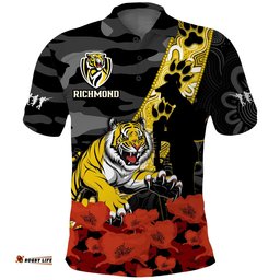 Richmond Football ANZAC 2023 Polo Shirt Tigers Aboriginal Mix Poppy Camouflage Amazing Aussie