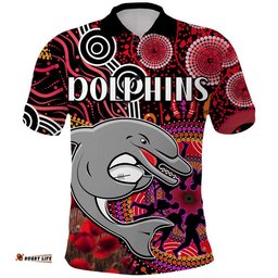 Dolphins Rugby ANZAC Polo Shirt Aboriginal Military and Poppy Flowers Amazing Aussie