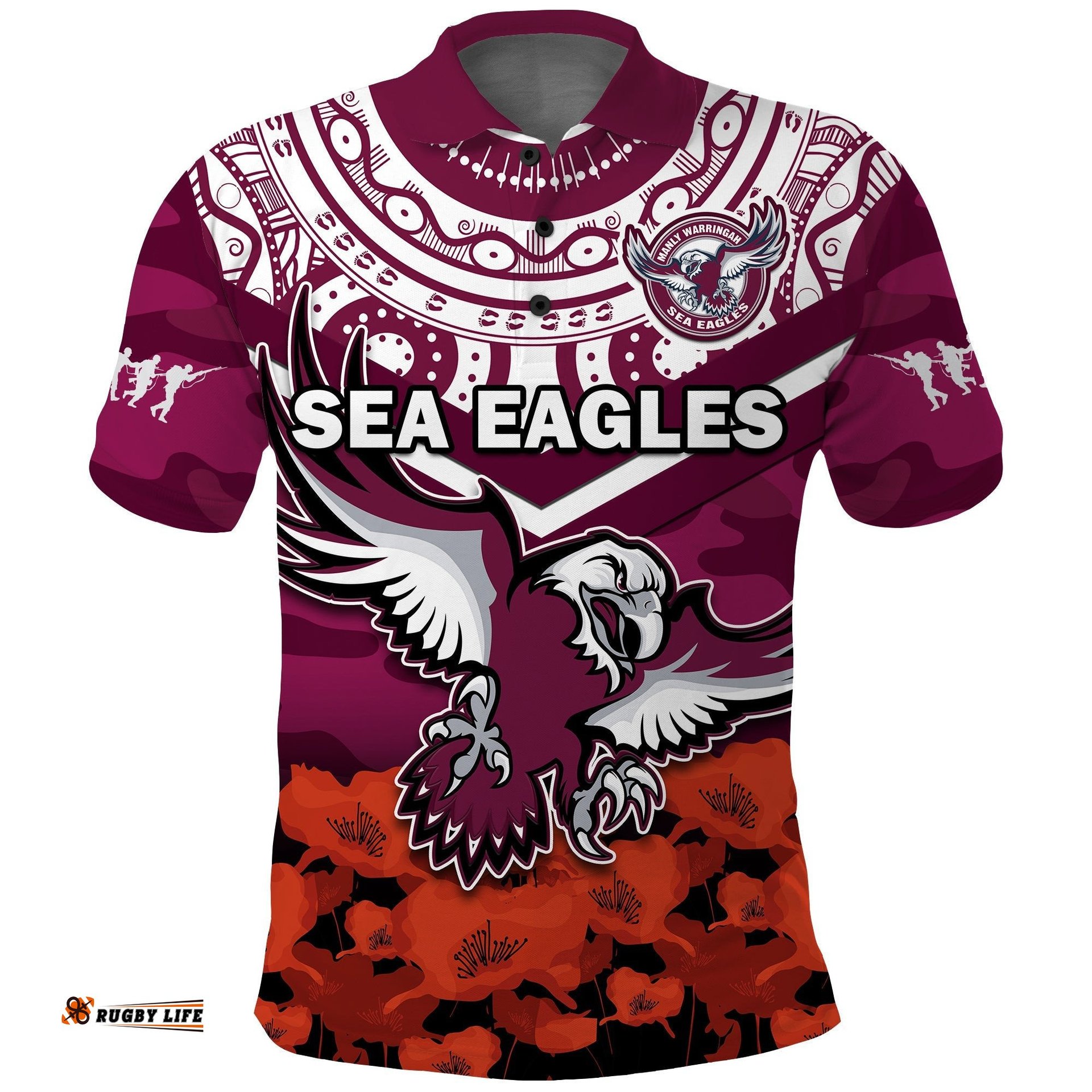 Custom Text And Number Sea Eagles Rugby ANZAC 2023 Rugby Polo Shirt Camouflage Mix Indigenous Amazing Aussie