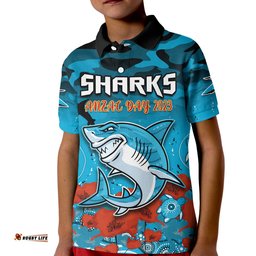 Sharks ANZAC 2023 Polo Shirt Camouflage Poppy Mix Aboriginal Amazing Aussie