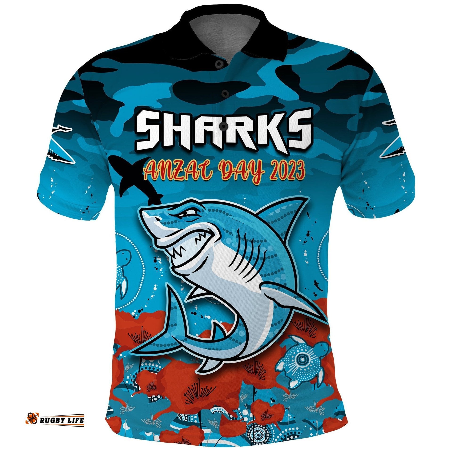 Sharks ANZAC 2023 Polo Shirt Camouflage Poppy Mix Aboriginal Amazing Aussie