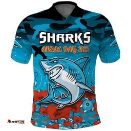 Sharks ANZAC 2023 Polo Shirt Camouflage Poppy Mix Aboriginal Amazing Aussie
