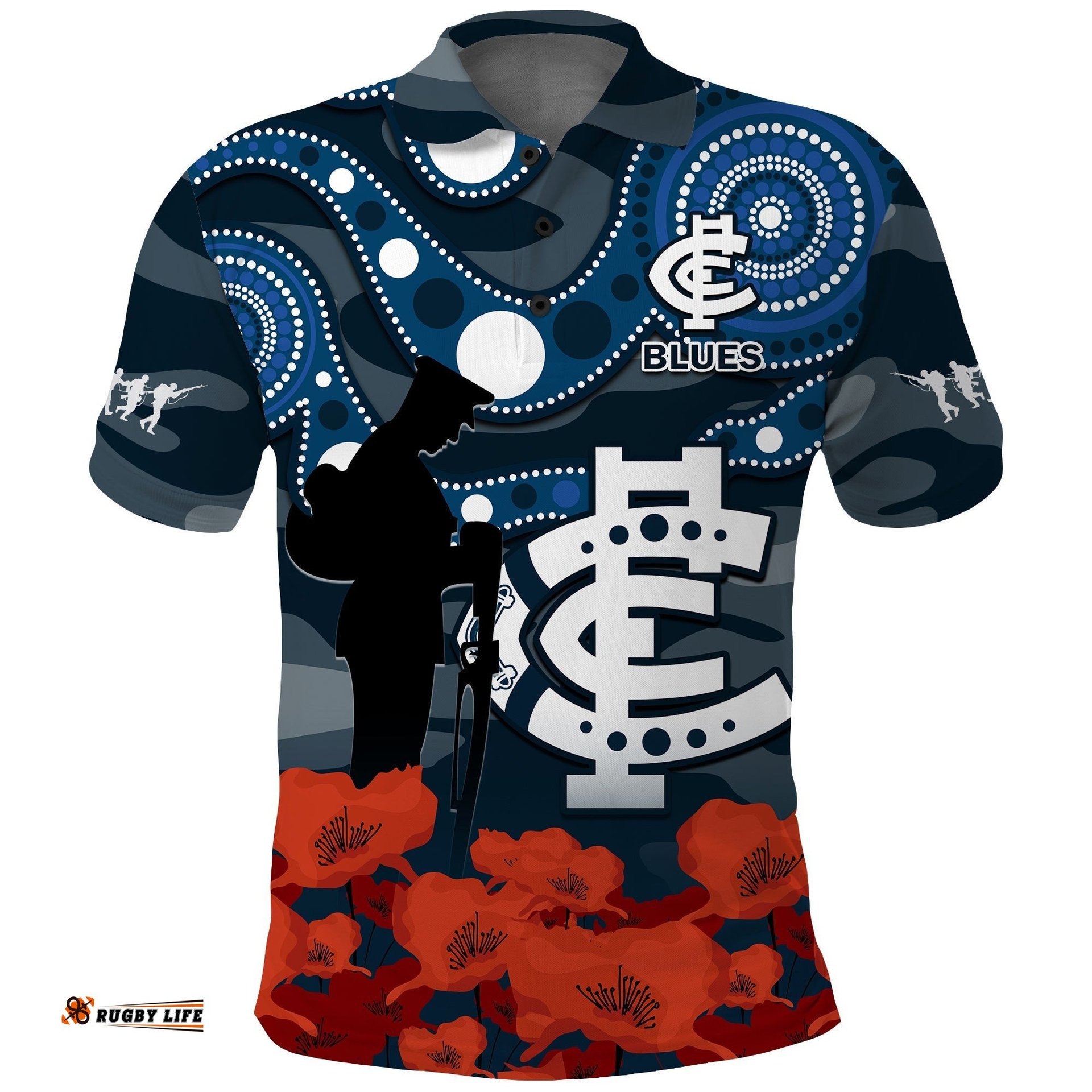Custom Text And Number Carlton Football ANZAC 2023 Polo Shirt Blues Aboriginal Mix Poppy Camouflage Amazing Aussie