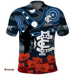 Custom Text And Number Carlton Football ANZAC 2023 Polo Shirt Blues Aboriginal Mix Poppy Camouflage Amazing Aussie