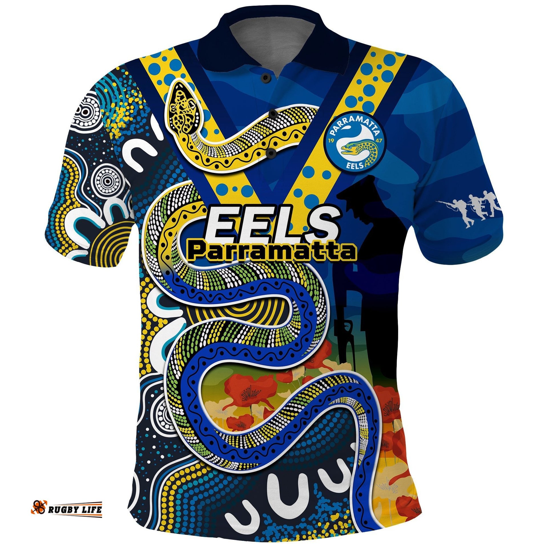 Custom Text And Number Eels Rugby ANZAC 2023 Polo Shirt Aboriginal Mix Poppy Lest We Forget Amazing Aussie