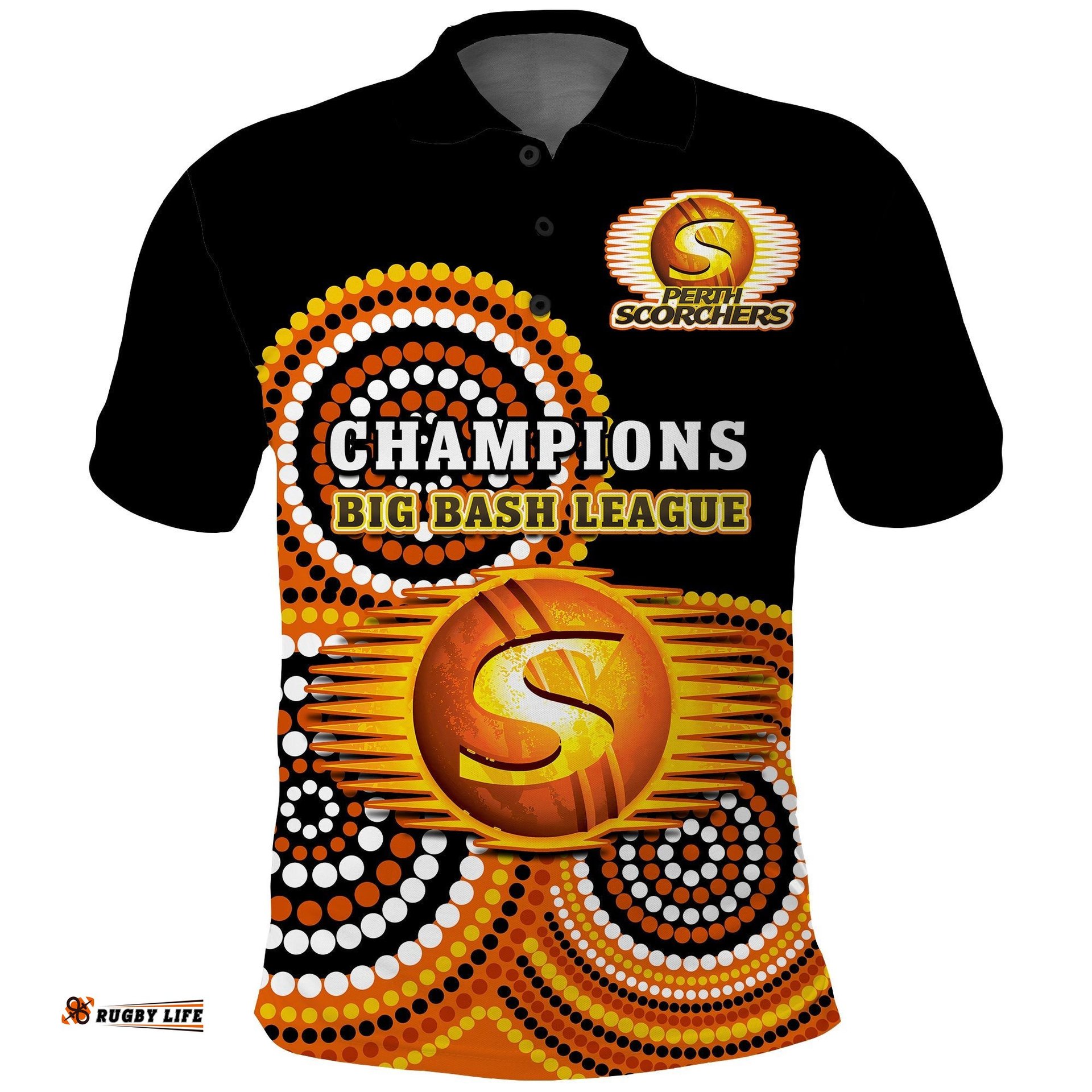 Perth Scorchers Cricket Polo Shirt Champions BBL12 Proud Indigenous Art Amazing Aussie