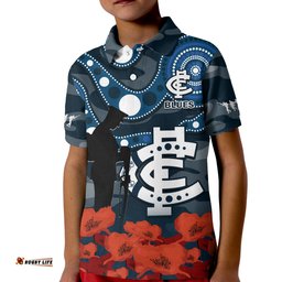 Carlton Football ANZAC 2023 Polo Shirt Blues Aboriginal Mix Poppy Camouflage Amazing Aussie