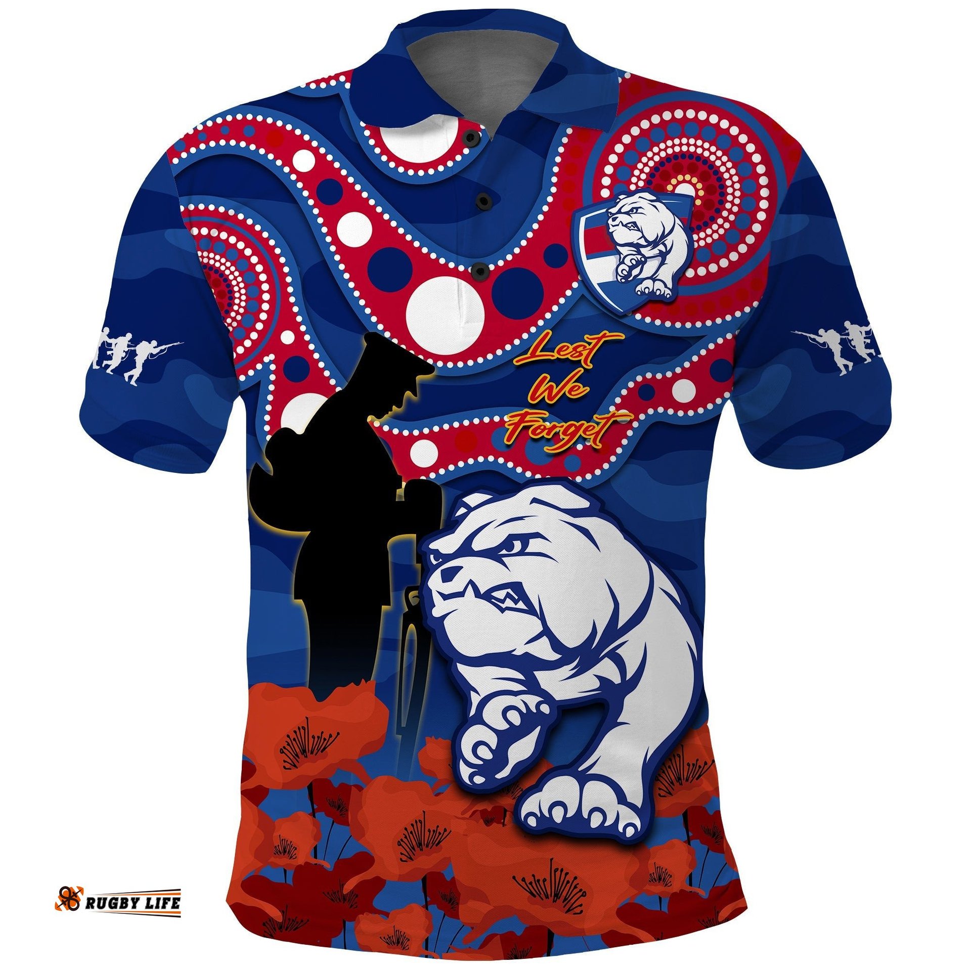 Custom Text And Number Western Bulldogs Football ANZAC 2023 Polo Shirt Doggies Aboriginal Mix Poppy Camouflage Amazing Aussie