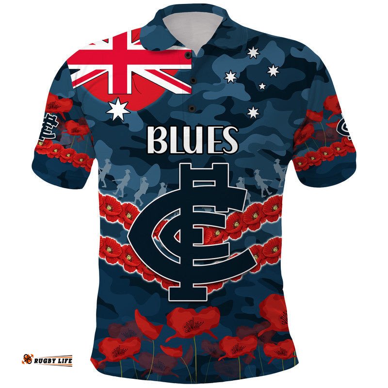 Blues Football ANZAC Polo Shirt Lest We Forget Amazing Aussie