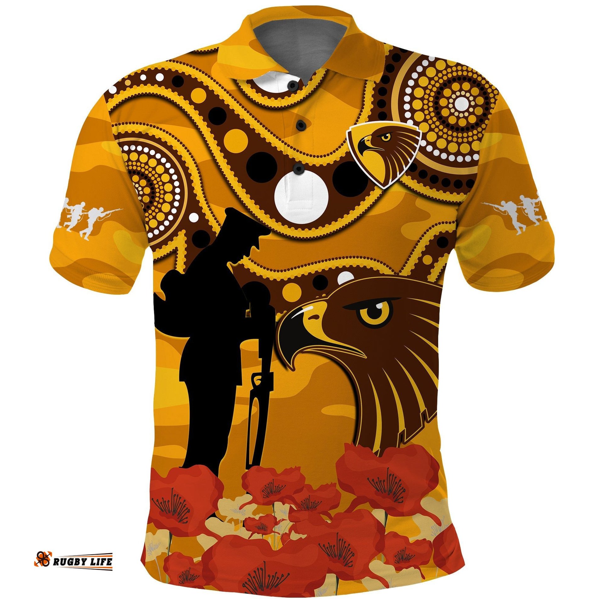 Custom Text And Number Hawks Football ANZAC 2023 Polo Shirt Indigenous Mix Poppy Camouflage Amazing Aussie