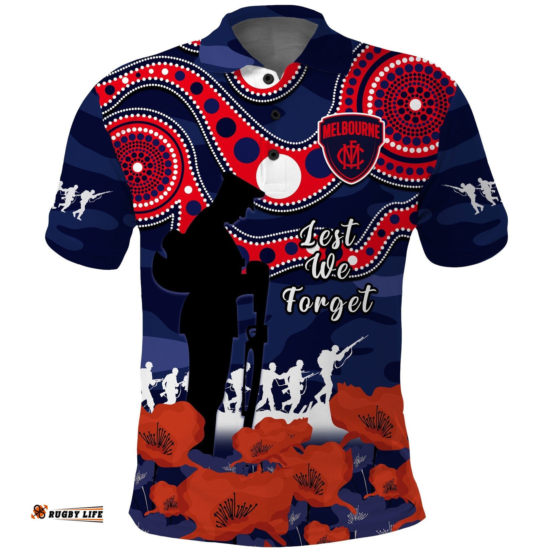 Melbourne Football ANZAC 2023 Polo Shirt Demons Aboriginal Mix Poppy Camouflage Amazing Aussie