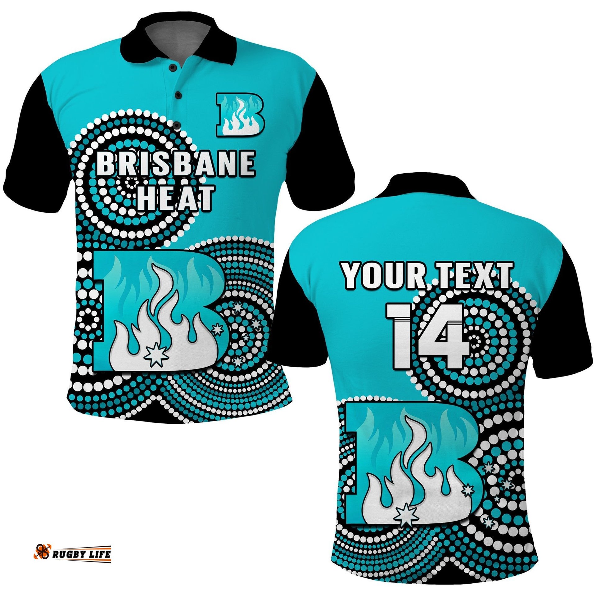 Custom Text And Number Brisbane Heat Cricket Polo Shirt Champions BBL12 Proud Indigenous Art Amazing Aussie