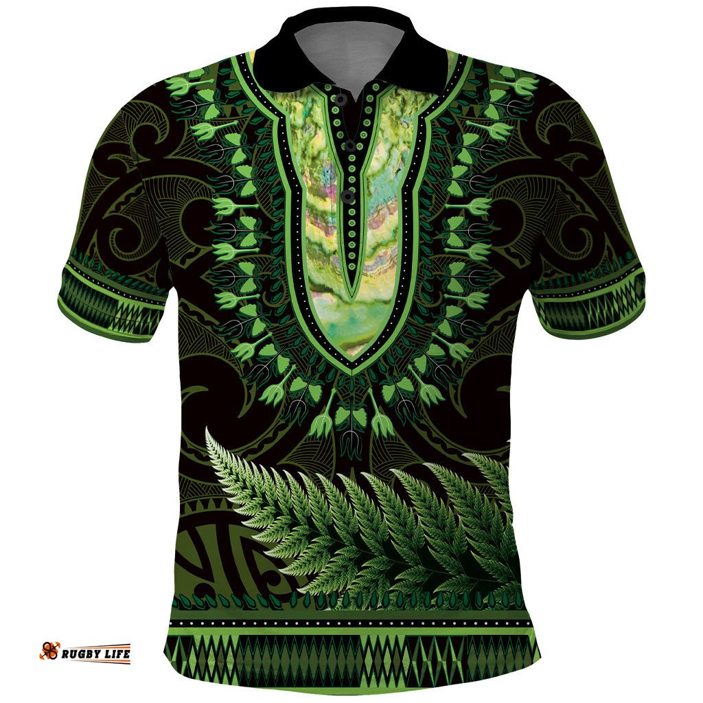 Lime Green African Dashiki With Aotearoa Maori Polo Shirt Paua Shell Mix Silver Fern