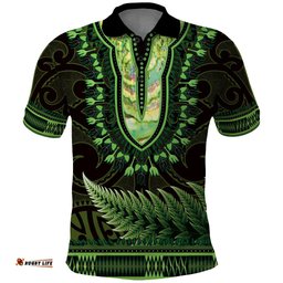 Lime Green African Dashiki With Aotearoa Maori Polo Shirt Paua Shell Mix Silver Fern