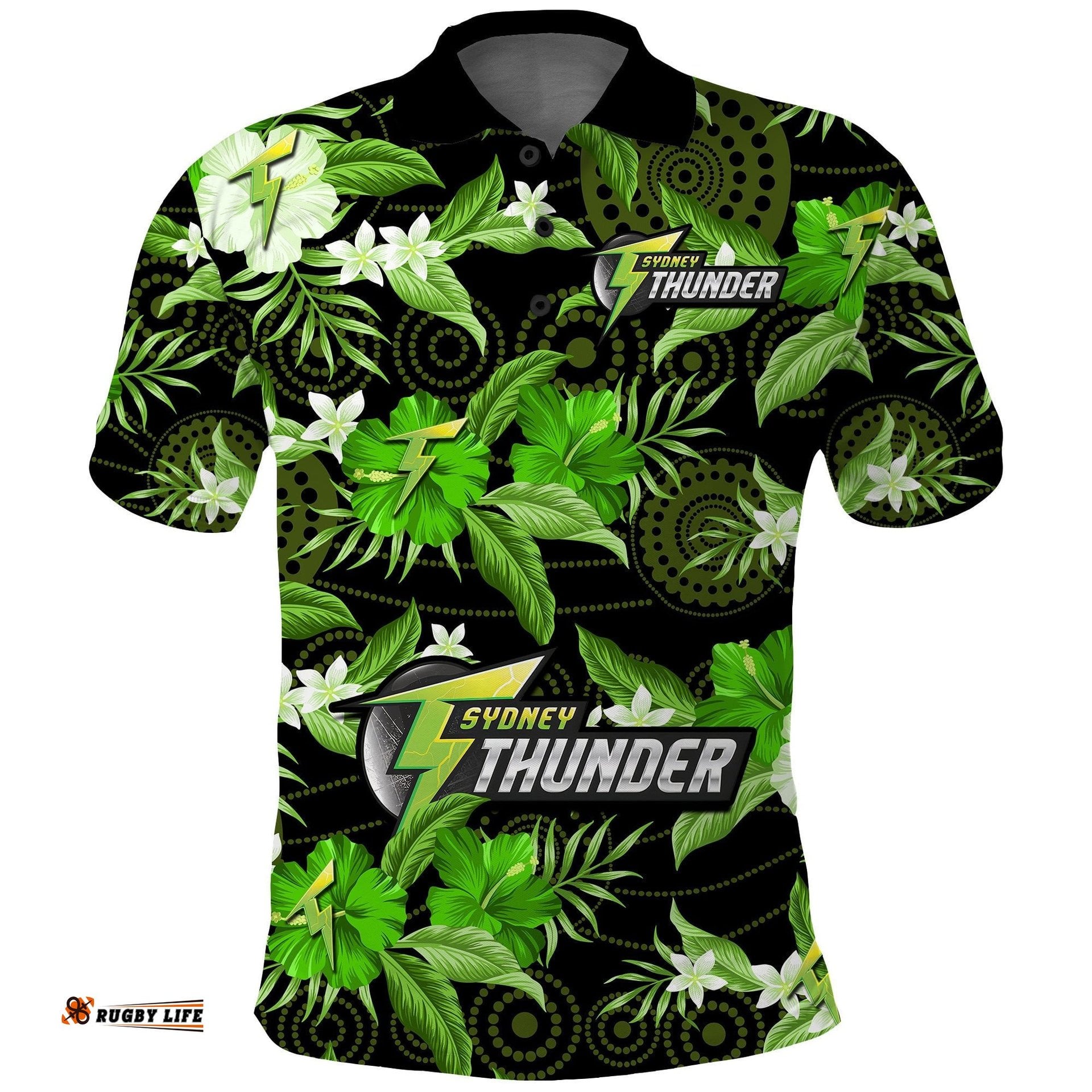 Sydney Thunder Cricket Polo Shirt Aboriginal Art Mix Tropical Flowers Amazing Aussie