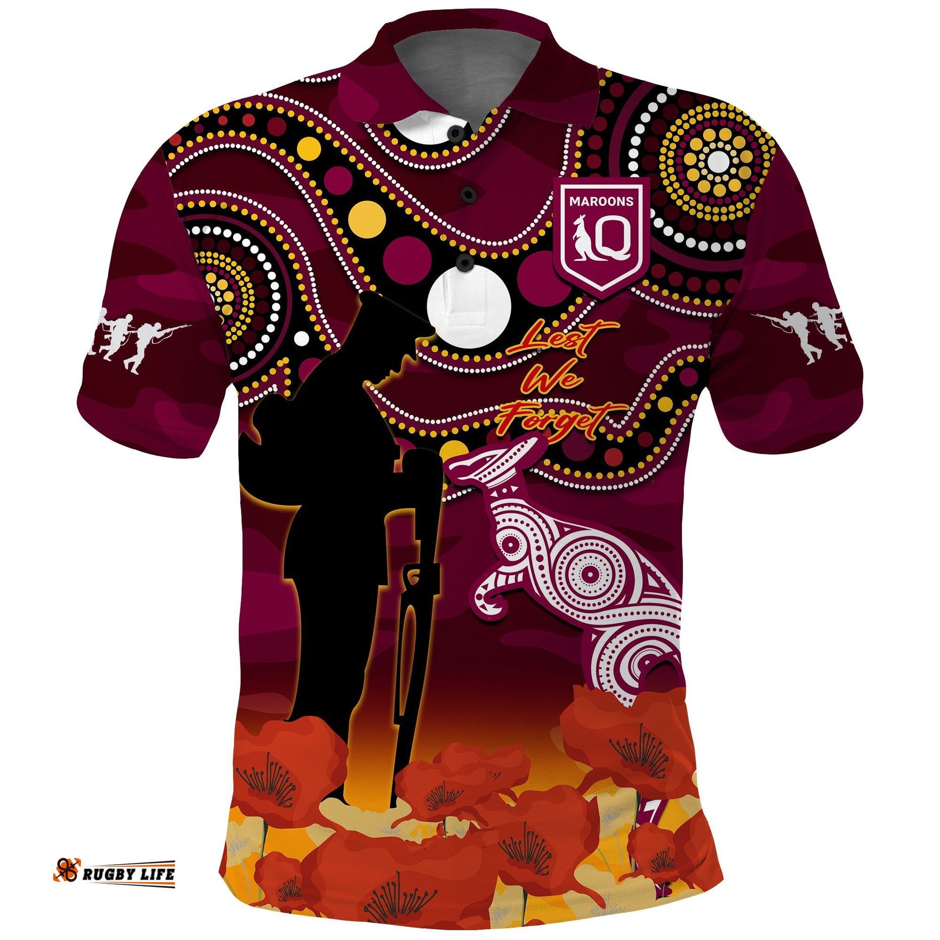 Maroons Rugby ANZAC 2023 Polo Shirt QLD Aboriginal Mix Poppy Camouflage Amazing Aussie