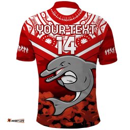 Custom Text And Number Dolphins Rugby ANZAC 2023 Polo Shirt Dots Poppy Mix Camouflage Lest We Forget Amazing Aussie
